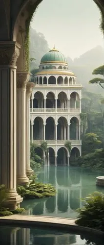 water palace,imperial shores,marble palace,palaces,summer palace,dorne,ancient city,rivendell,gondolin,citadels,stone palace,seregil,grandeur,amazonica,pillars,karakas,monastery,oasis,golden pavilion,naboo,Illustration,Japanese style,Japanese Style 08