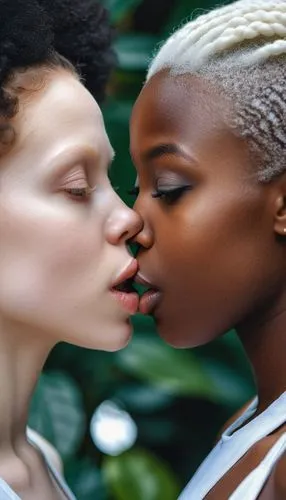 An albino girl kissing a black girl,colorism,black couple,nonracial,black models,hyperpigmentation,interracial,pigmentation,beautiful african american women,multiracialism,afrocentrism,afro american g