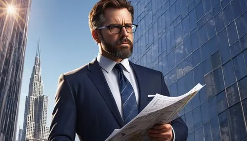 Middle-aged, male architect, standing, serious expression, black-framed glasses, short brown hair, beard, white shirt, black tie, dark blue suit, holding blueprint, pencil in hand, cityscape backgroun