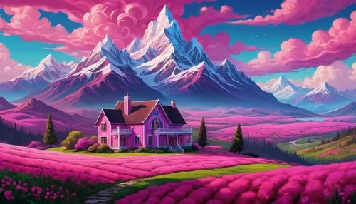 purple landscape,fantasy landscape,home landscape,paisaje,house in mountains,kaleidoscape,mushroom landscape,landscape background,mountain village,lonely house,house in the mountains,pink grass,mountain landscape,landscape rose,mountain settlement,world digital painting,mountain scene,witch's house,alpine village,aurora village,Illustration,Realistic Fantasy,Realistic Fantasy 45