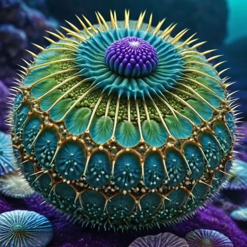 Vibrant sea urchin, intricate details, exotic colors, oceanic theme, mystical aura, underwater setting, marine life, whimsical playing cards, ornate design, surreal elements, digital art, high resolut