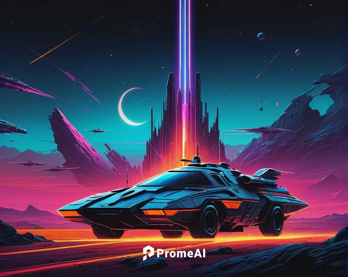 Una batalla aeroespacial. Los colores son anaranjados y azules. Estilo de dibujo Retro Sci-Fi. Estilo de dibujo Synthwave.,futuristic landscape,interceptor,extrasolar,gas planet,polara,rocinante,sci -