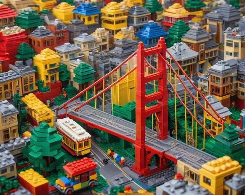 San Francisco, Legoland, colorful buildings, vibrant cityscape, iconic Golden Gate Bridge, foggy weather, morning sunlight, LEGO bricks, detailed texture, bright colors, playful atmosphere, dynamic co