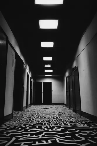 hallway,empty hall,a dark room,empty room,corridor,floors,rooms,hotel hall,hallway space,penumbra,empty interior,vanishing point,one room,passage,creepy doorway,emptiness,empty space,hall of the fallen,deserted,hotel rooms,Illustration,Black and White,Black and White 33