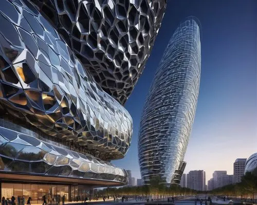 Modern futuristic architecture, sleek skyscraper, glass curtain wall, titanium alloy frame, self-healing concrete, electrochromic windows, photovoltaic tiles, parametric design, algorithmic patterns, 