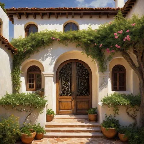 exterior decoration,greek island door,garden door,entryway,entryways,doorways,wrought iron,house painting,porch,front door,archways,stucco frame,courtyards,stucco wall,provencal,house entrance,beautiful home,doorway,the threshold of the house,courtyard,Illustration,Realistic Fantasy,Realistic Fantasy 03