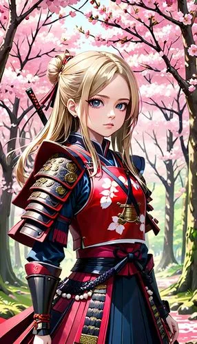 Avril lavigne dressed in beautiful and elegant samurai armor in a Japanese forest full of cherry trees,japanese sakura background,sakura background,sakura blossom,sakura blossoms,honmaru,naginata,samu