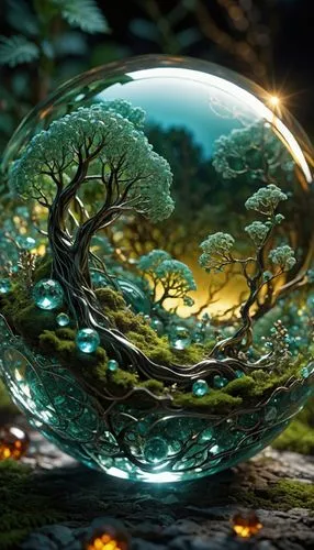 crystal ball-photography,fantasy picture,3d fantasy,glass sphere,magic tree,celtic tree,tree of life,fantasy landscape,fairy world,fantasy art,crystal ball,enchanted forest,fractal environment,fractals art,circle around tree,lensball,fairy forest,little planet,apophysis,glass ball