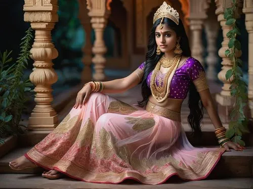 Rama Sita, Indian princess, solo, (18yo), beautiful detailed eyes, light blush, long black hair, bindi, traditional Indian clothing, intricately designed lehenga, golden jewelry, ornate headpiece, sit