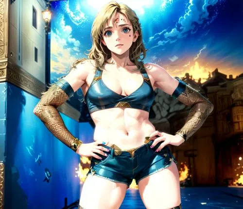 Amy Jo Johnson in  crop top and shorts,a cartoon woman in lingerie stands with her hands on her hips,shanna,sophitia,sandahl,hamasaki,cagli,yuanji,Anime,Anime,General