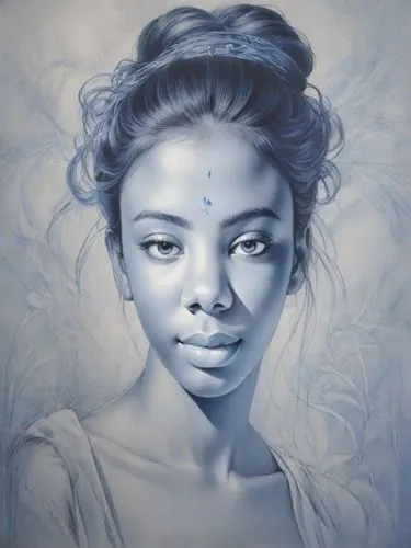 oil painting on canvas,mystical portrait of a girl,fantasy portrait,blue painting,oil on canvas,oil painting,water nymph,yogananda,girl portrait,silvery blue,jasmine blue,portrait of a girl,art painting,chalk drawing,african woman,jaya,the snow queen,african american woman,young woman,indigo