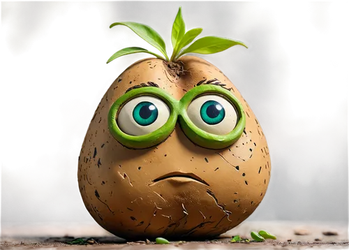 Brown potato, rough skin, irregular shape, prominent eyes, green sprouts, natural texture, soft focus, warm lighting, 3/4 composition, shallow depth of field, earthy tone, cinematic mood.,potato chara