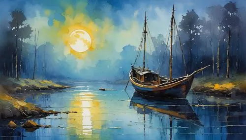 boat landscape,world digital painting,oil painting on canvas,sampan,canoe,fantasy picture,perahu,row boat,backwaters,kalevala,kupala,dragon boat,landscape background,fantasy landscape,samuil,evening lake,fishermen,oil painting,khokhloma painting,viking ship,Art,Artistic Painting,Artistic Painting 32