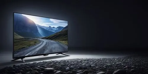 a philips tv with a dark light background cracked stone floor and mountain on the back,the led tv stands on the rocky ground,plasma tv,hdtv,television,smart tv,hdtvs,televisions,Photography,General,Re