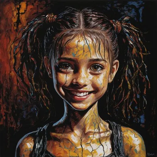 oil painting on canvas,oil painting,a girl's smile,girl portrait,child portrait,child girl,girl child,the little girl,polynesian girl,oil paint,art painting,girl with cloth,oil on canvas,african art,little girl,portrait of a girl,aborigine,aboriginal australian,child art,mystical portrait of a girl,Illustration,Realistic Fantasy,Realistic Fantasy 33