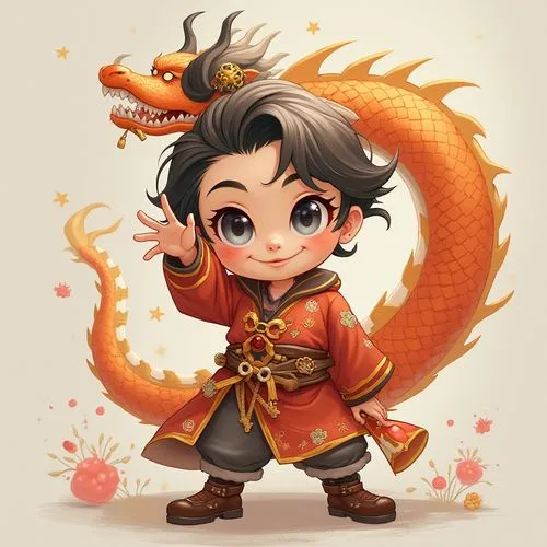 In the style of Dong Qichang,an asian girl is wearing an orange dragon costume,dalixia,yuhuan,guangzhao,tiancheng,yunxia,yinghui