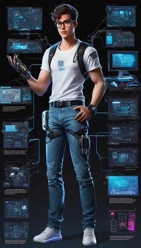 engineer,blue-collar worker,man with a computer,technician,cyber glasses,cable innovator,repairman,tradesman,computer freak,electrician,neon human resources,dj,cyber,cyberpunk,biologist,mechanic,steel man,builder,night administrator,cybertruck,Unique,Design,Character Design