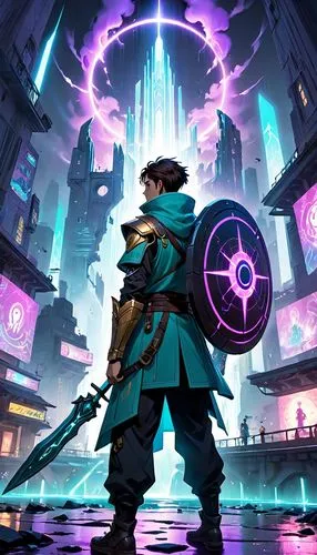 game illustration,dodge warlock,the wanderer,cg artwork,cyberpunk,defense,portal,concept art,magistrate,patrol,game art,swordsman,scythe,mage,transistor,would a background,twitch logo,wall,sci fiction illustration,monsoon banner,Anime,Anime,Cartoon