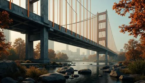 Vibrant orange suspension cables, deep blue steel beams, warm golden lighting, misty atmospheric effects, rugged stone piers, dynamic angular shapes, bold geometric patterns, expressive brushstroke te