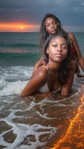 beautiful african american women,beach background,fire and water,liberians,photoshoot with water,kribi