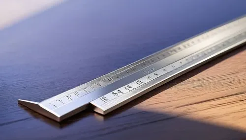 6 inch architectural ruler, metal material, straight edge, precise markings, ergonomic handle, silver color, reflective surface, wooden desk, modern office, afternoon sunlight, 3/4 composition, shallo