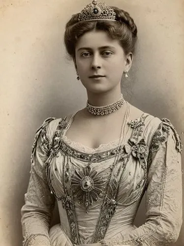 private photo in high resolution, 1900: MARY (née von Teck), then Princess of Wales,an old po of a woman wearing a tiara and holding her hand on her hip,elizabeth ii,koningin,qeii,marchioness,noblewom