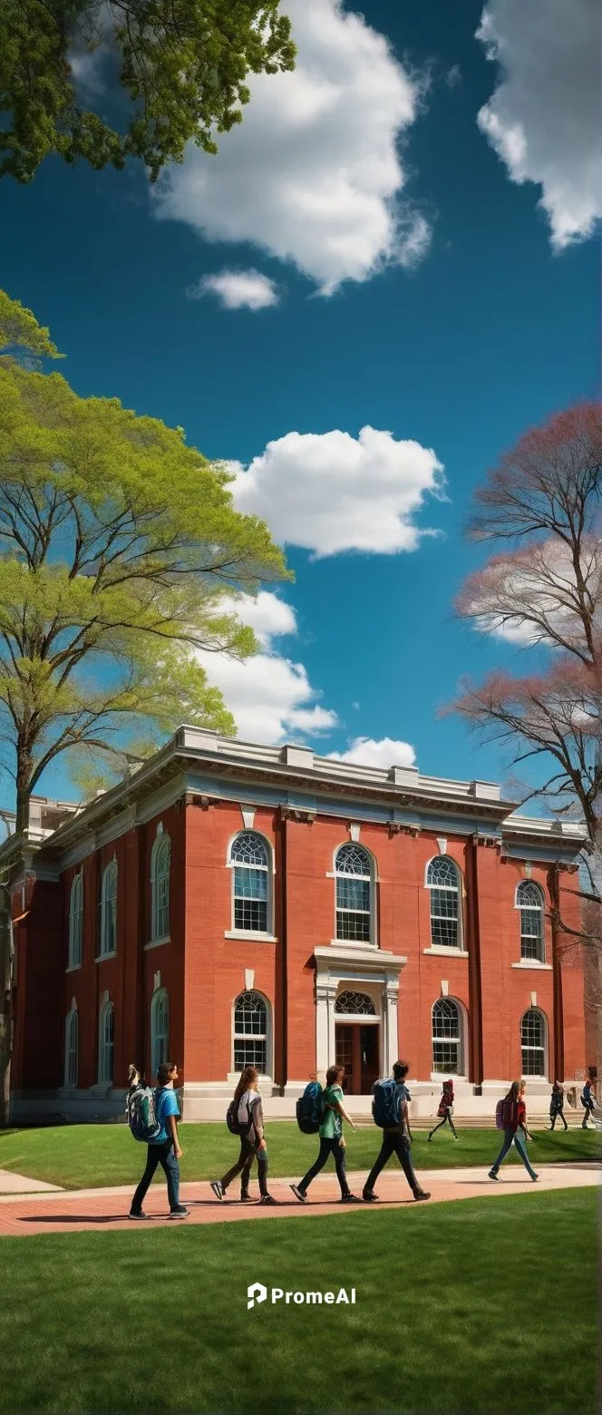 University building, Massachusetts architecture style, brick red walls, white columns, green grass lawn, tall trees surrounding, students walking, backpacks, casual clothing, sunglasses, smiling faces