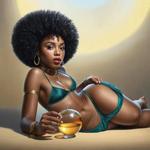 a black girl, afro girl, photorealistic art, a black girl, girl lying down, calm girl, photorealistic art.,an artwork depicting a woman wearing a bikini with her belly exposed,coffy,ikpe,african woman