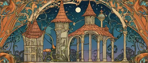 Write a haunting story set in the mysterious town of Mal￩gon.,art nouveau,art nouveau design,fairy tale castle,art nouveau frames,art nouveau frame,fairytale castle,stage curtain,fairy tale,children's