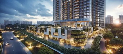 high rise condominium, singapore, sky deck, bronze, clay brick, TREE, CLEAR GLASS, REFLECTION, GLASS BALCONY, SUNSET: 1.0; city, road way, tropical lanscape, ,capitaland,leedon,sathorn,interlace,pungg