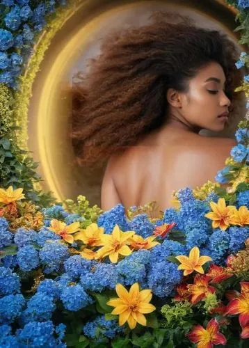 oshun,wreath of flowers,splendor of flowers,girl in flowers,spring equinox,blanket of flowers