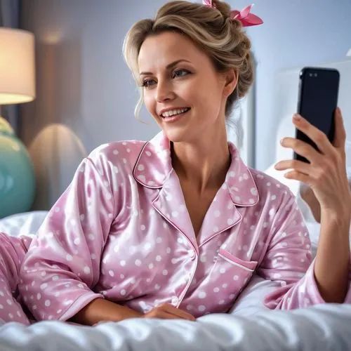 pyjama,pyjamas,pajamas,pajama,woman holding a smartphone,woman on bed,Photography,General,Realistic