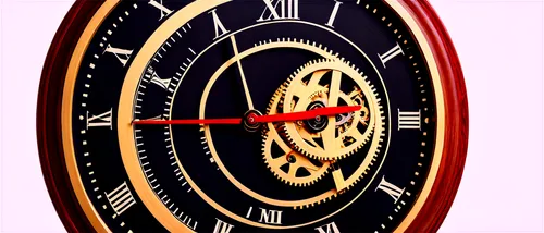 Mechanical clock, Roman numerals, golden frame, intricate engravings, ticking sound effect, white clock face, black hour and minute hands, second hand with red tip, wooden wall background, warm lighti