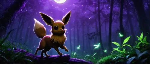 Poison Eevee evolution, mystical forest, glowing mushrooms, twinkling fireflies, misty atmosphere, full moon above, eerie silence, Poison-type Eevee, evolved from Eevee, purple and green fur, glowing 