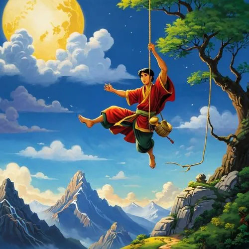 rincewind,wukong,hanuman,tightrope walker,volador,janissary,shennong,suryavanshi,tightrope,xiaolin,elves flight,vishwamitra,drakpa,kongfu,fantasy picture,voladores,hanging elves,hanging moon,clopin,parashurama,Illustration,Children,Children 01