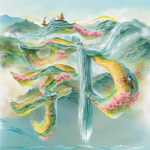 world digital painting,wasserfall,water flowing,water flow,water lotus,mountain spring,water fall,water-the sword lily,薄雲,digital artwork,floating island,water flower,island of fyn,waterfall,acid lake,floating islands,water scape,flowing water,underwater landscape,crescent spring