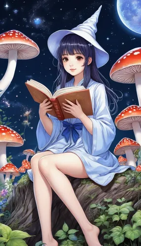 mushroom landscape,agaric,blue mushroom,umbrella mushrooms,toadstools,bookworm,magic book,fairy galaxy,amanita,club mushroom,witch's hat icon,mushroom hat,read a book,patchouli,forest mushroom,magical adventure,edible mushroom,fungal science,akko,mushroom,Illustration,Realistic Fantasy,Realistic Fantasy 01