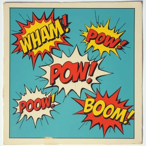 A vibrant print featuring colorful comic book-style exclamations like "WHAM," "POW," and "BOOM" against a blue background, evoking a sense of action and excitement.,an old framed picture with comic th