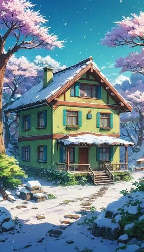 winter house,ghibli,studio ghibli,dreamhouse,lonely house,house in mountains,sakura background,shinbo,house in the mountains,butka,nouaimi,little house,snow scene,kazoku,apartment house,winter background,japanese sakura background,yoshikuni,setsuna,home landscape,Illustration,Japanese style,Japanese Style 03