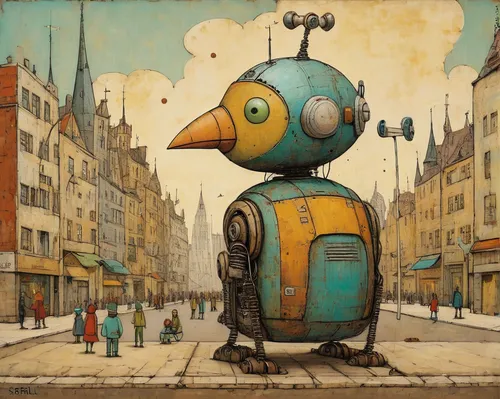 parking meter,anthropomorphized animals,a pedestrian,transistor checking,city pigeon,transistor,robots,droid,robot,pedestrian,whimsical animals,robotic,autome,anthropomorphized,sci fiction illustration,citroen duck,bottleneck,tin toys,industrial robot,universal exhibition of paris,Art,Artistic Painting,Artistic Painting 49