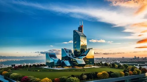 a large building that looks like an alien plant with a green roof,nazarbayev,grozny,yekaterinburg,dnipropetrovsk,volgograd,brezhnev,Photography,General,Realistic