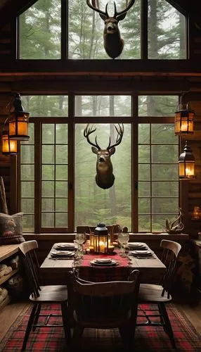 Rustic hunting cabin, wooden walls, stone fireplace, mounted deer head, antlers, wooden furniture, plaid blankets, lanterns, candles, animal skin rugs, wooden tables, rifles on wall, nature-inspired d