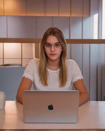 Prompt: Uma menina ganhando dinheiro na internet Sem Aparecer, dinheiro em cima da mesa),girl at the computer,blur office background,girl studying,women in technology,office worker,apple desk,receptio