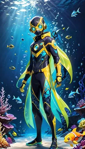 underwater background,scuba,aquanaut,under sea,lemon doctor fish,coral guardian,god of the sea,sea god,sea devil,imperator angelfish,divemaster,under the sea,marine animal,golden angelfish,marine fish,scuba diving,underwater fish,marine tank,diamond tetra,aquatic,Anime,Anime,General