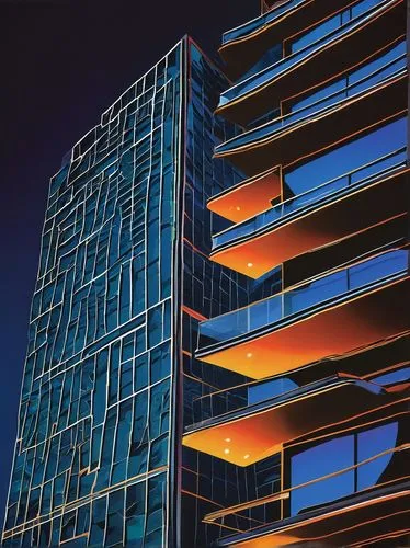 Modern skyscraper, urban cityscape, sleek glass facade, metallic framework, LED lights, neon signs, vibrant nighttime atmosphere, reflective windows, angular architecture, geometric patterns, futurist