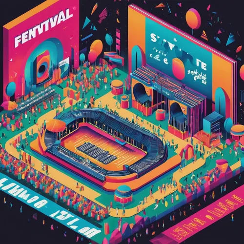 Compose a vibrant and eye-catching poster for a music festival using bold typography.,festival,music festival,concert stage,neon carnival brasil,smf,parookaville,soundcloud logo,spotify icon,football 