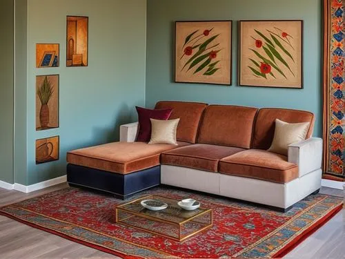 moroccan pattern,mid century modern,contemporary decor,interior decor,modern decor,teal and orange,chaise lounge,sitting room,ottoman,mid century,interior decoration,patterned wood decoration,ethnic design,family room,mid century house,search interior solutions,apartment lounge,interior design,livingroom,boho art,Photography,General,Realistic
