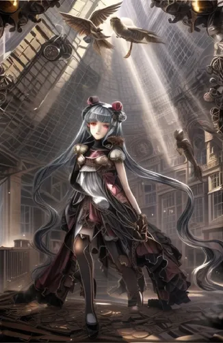 A young Queen stepping up.,an anime picture of a person standing with crows flying above,fiora,albedo,labrys,nohr,vayne,cantarella