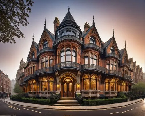 Grand, ornate Victorian-style building, intricate stonework, Gothic arches, turrets, dormer windows, steeply pitched roofs, patterned terracotta tiles, ornamental ironwork, grand entrance with heavy w