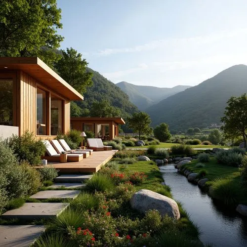 3d rendering,render,summer cottage,landscaped,chalet,summer house,renders,revit,house in the mountains,wooden decking,sketchup,home landscape,the cabin in the mountains,grass roof,renderings,3d rendered,3d render,pool house,ecovillages,lefay